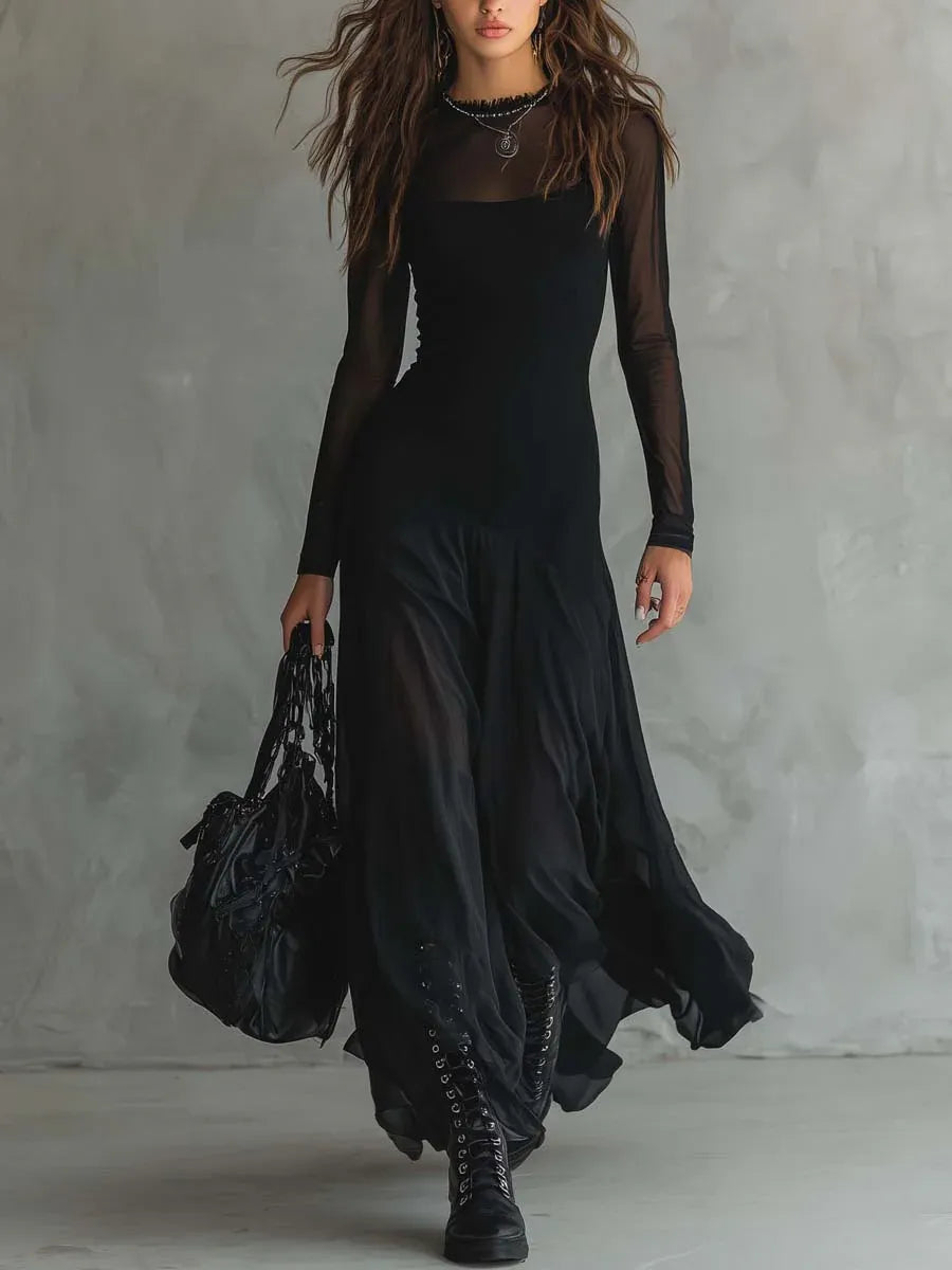 Vestido de Invitada de Boda Largo Negro Sofisticado con Manga Larga