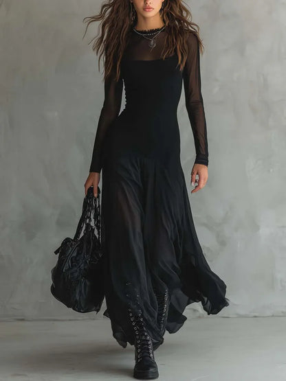 Vestido de Invitada de Boda Largo Negro Sofisticado con Manga Larga