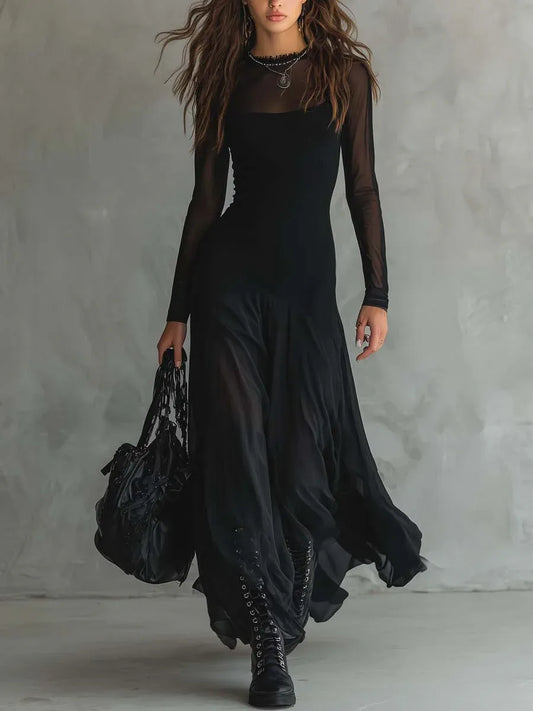 Vestido de Invitada de Boda Largo Negro Sofisticado con Manga Larga