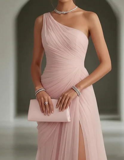 Vestido de Invitada de Boda Largo Plisado Un Hombro con Abertura