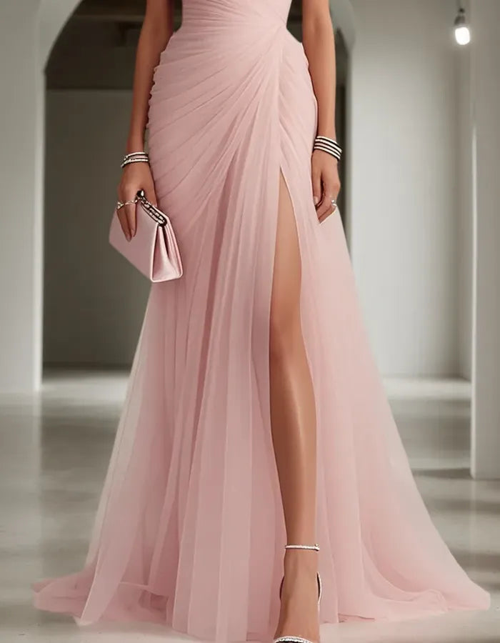Vestido de Invitada de Boda Largo Plisado Un Hombro con Abertura