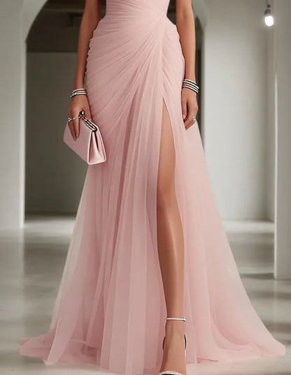 Vestido de Invitada de Boda Largo Plisado Un Hombro con Abertura