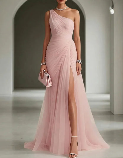 Vestido de Invitada de Boda Largo Plisado Un Hombro con Abertura