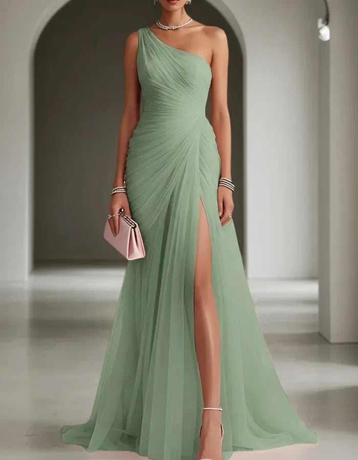 Vestido de Invitada de Boda Largo Plisado Un Hombro con Abertura