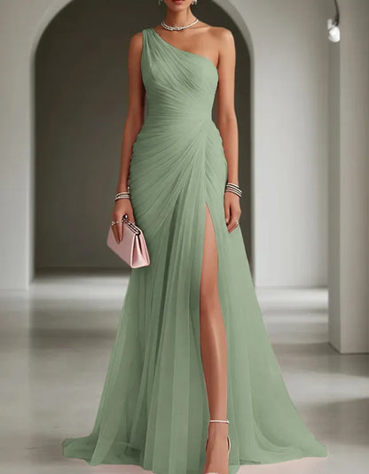 Vestido de Invitada de Boda Largo Plisado Un Hombro con Abertura
