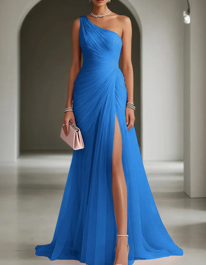 Vestido de Invitada de Boda Largo Plisado Un Hombro con Abertura