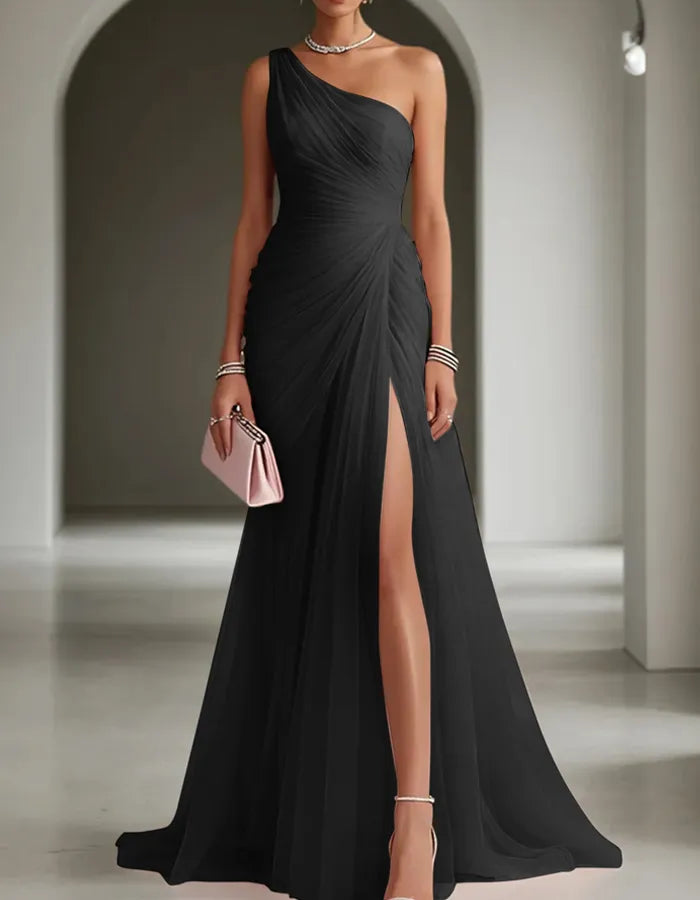 Vestido de Invitada de Boda Largo Plisado Un Hombro con Abertura