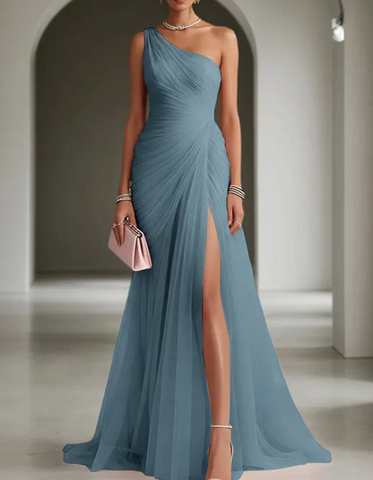 Vestido de Invitada de Boda Largo Plisado Un Hombro con Abertura