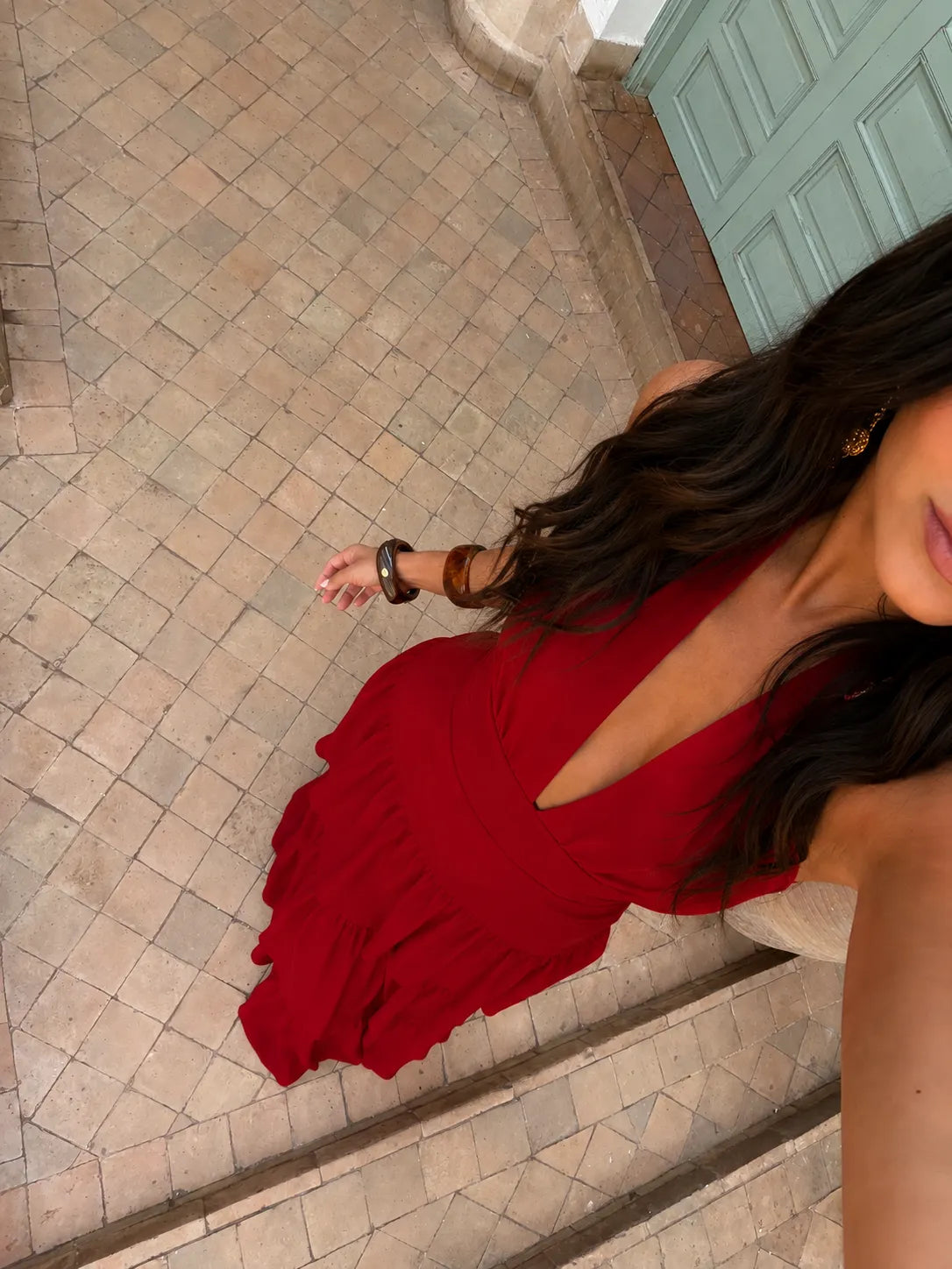 Vestido de Invitada de Boda Largo Rojo Elegante con Volantes