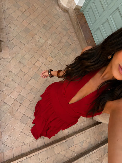 Vestido de Invitada de Boda Largo Rojo Elegante con Volantes