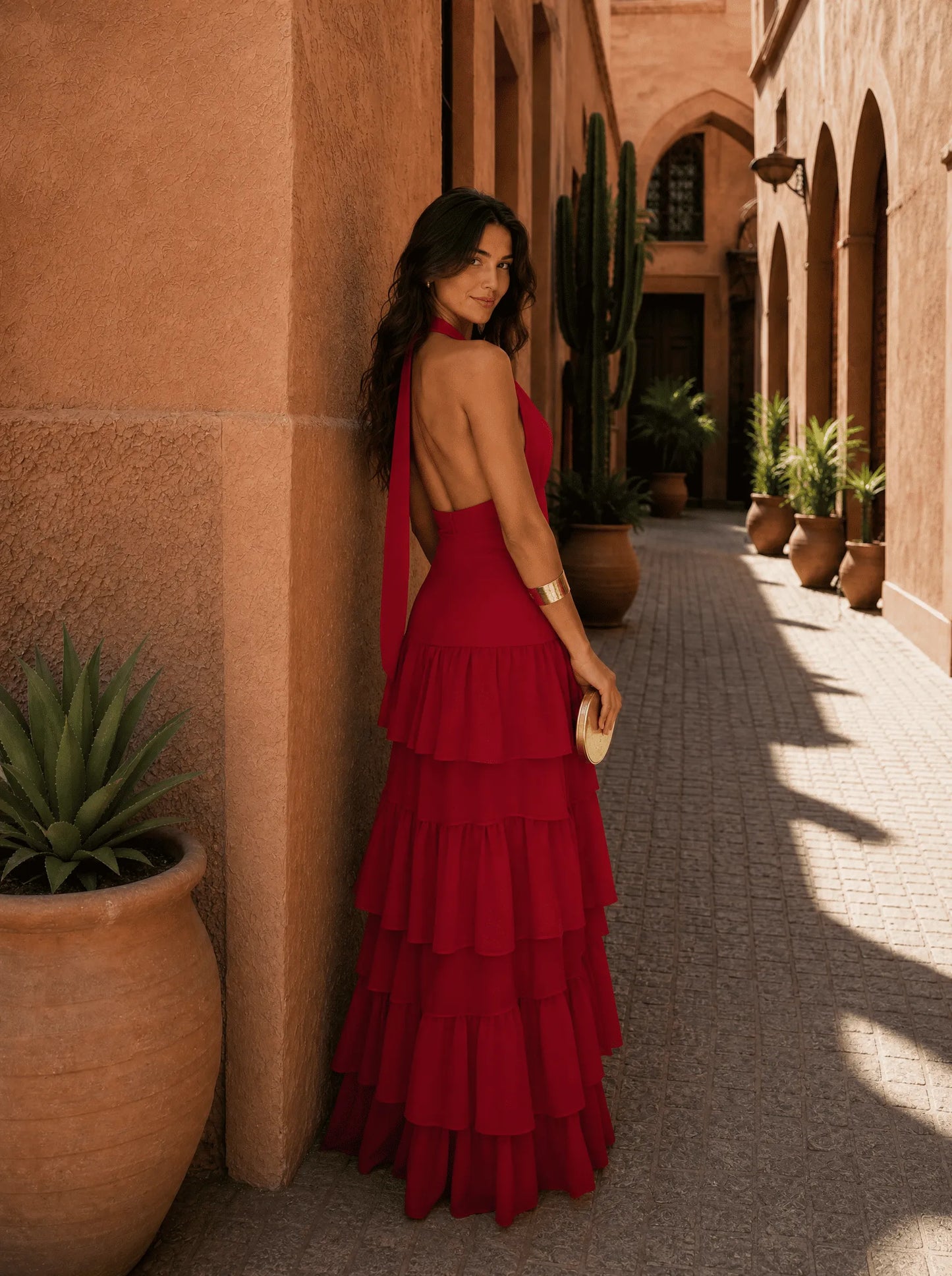 Vestido de Invitada de Boda Largo Rojo Elegante con Volantes