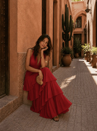 Vestido de Invitada de Boda Largo Rojo Elegante con Volantes