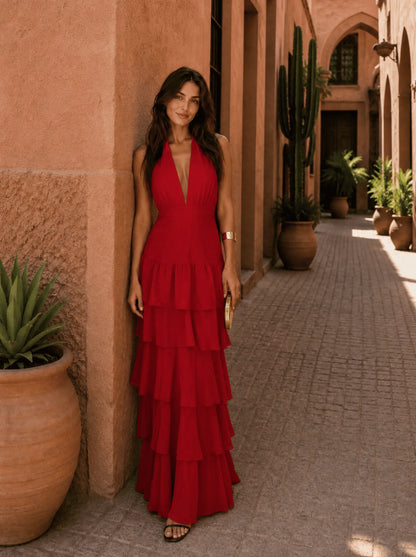 Vestido de Invitada de Boda Largo Rojo Elegante con Volantes