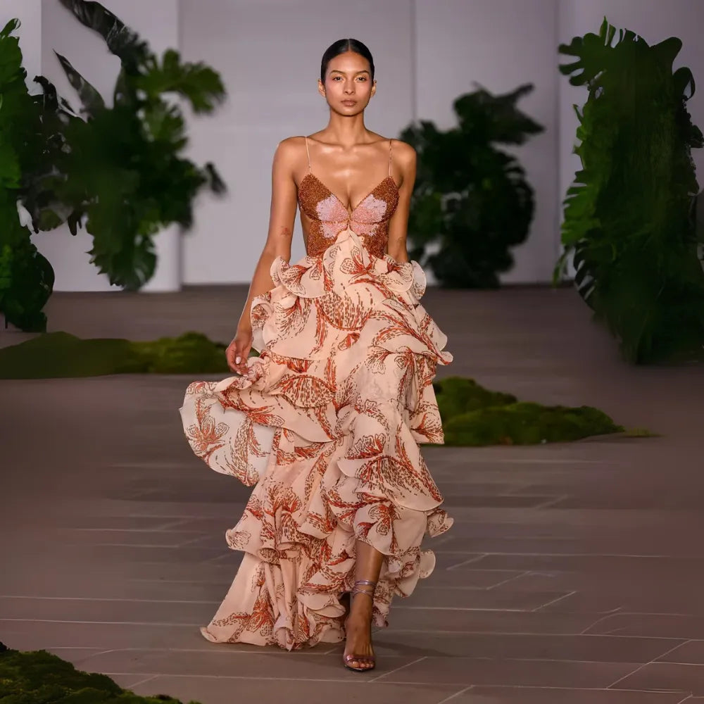 Vestido de Invitada de Boda Largo Romántico Floral con Volantes