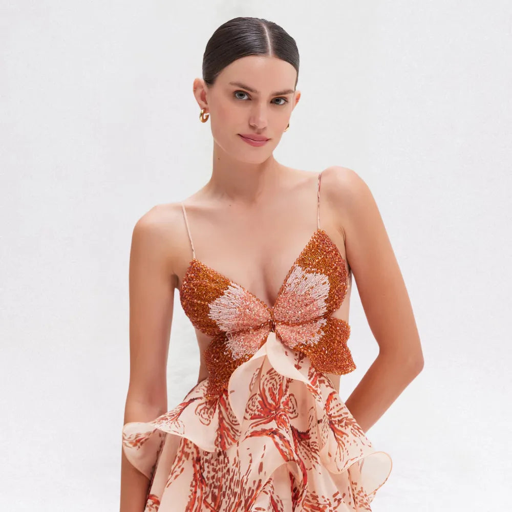 Vestido de Invitada de Boda Largo Romántico Floral con Volantes