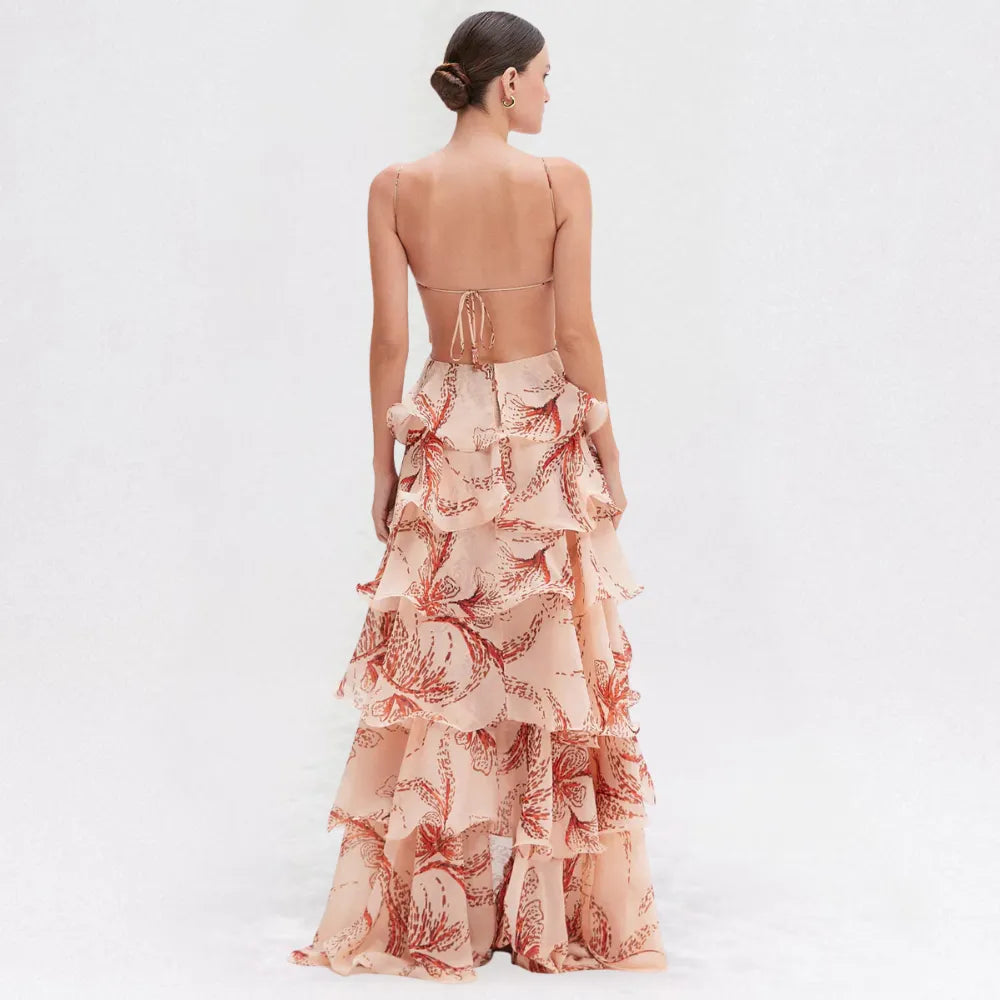 Vestido de Invitada de Boda Largo Romántico Floral con Volantes