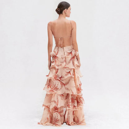 Vestido de Invitada de Boda Largo Romántico Floral con Volantes