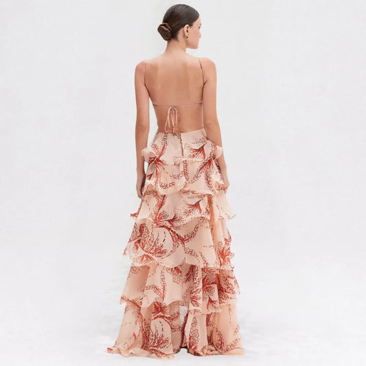 Vestido de Invitada de Boda Largo Romántico Floral con Volantes