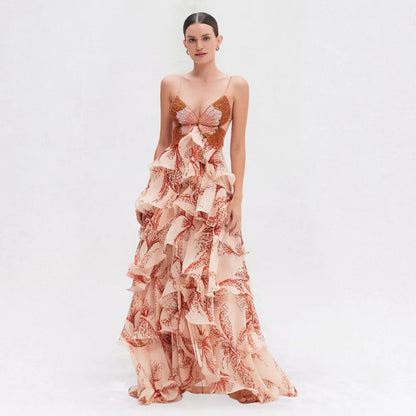 Vestido de Invitada de Boda Largo Romántico Floral con Volantes