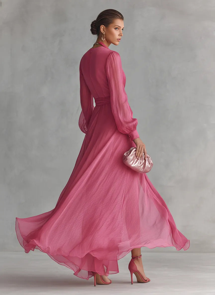 Vestido de Invitada de Boda Largo Rosa Elegante con Manga Larga