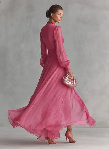 Vestido de Invitada de Boda Largo Rosa Elegante con Manga Larga