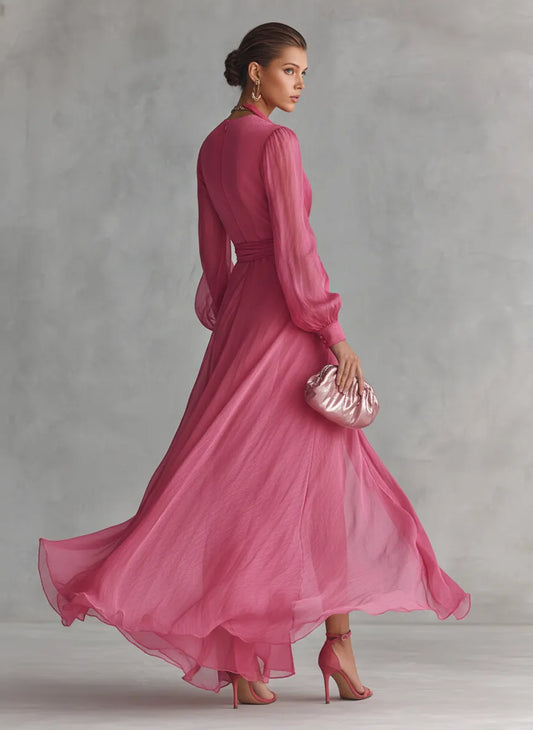 Vestido de Invitada de Boda Largo Rosa Elegante con Manga Larga
