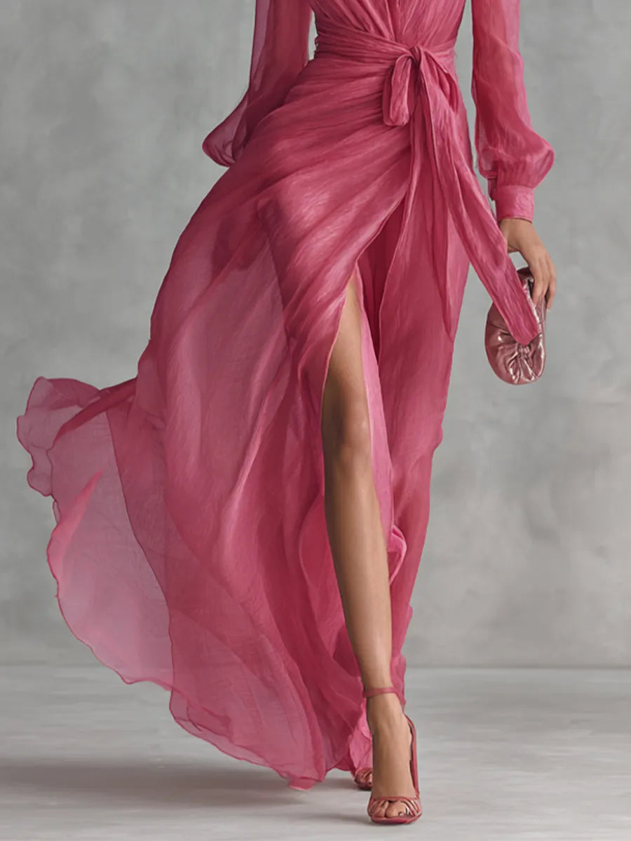 Vestido de Invitada de Boda Largo Rosa Elegante con Manga Larga