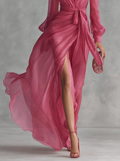 Vestido de Invitada de Boda Largo Rosa Elegante con Manga Larga