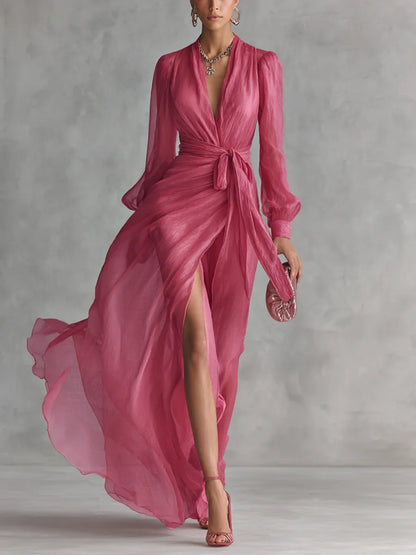 Vestido de Invitada de Boda Largo Rosa Elegante con Manga Larga