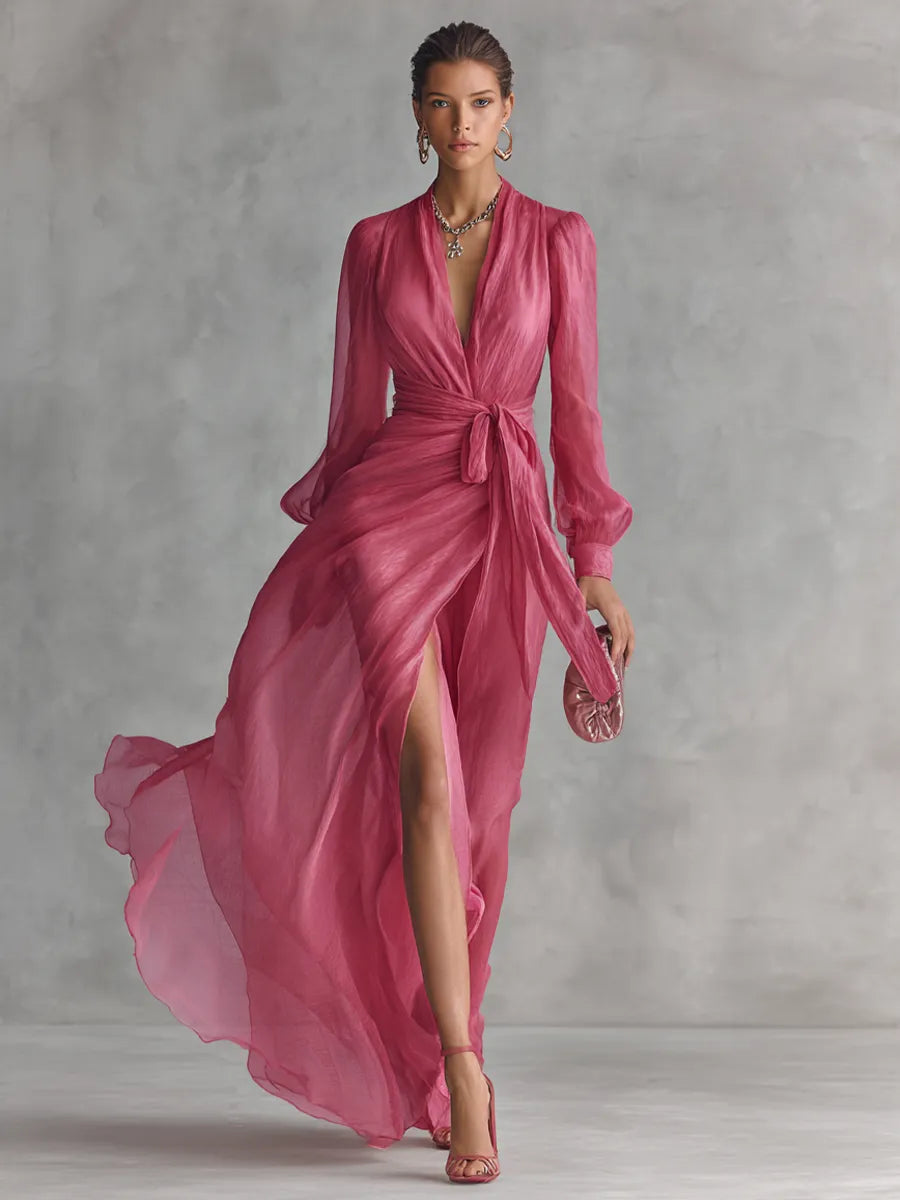 Vestido de Invitada de Boda Largo Rosa Elegante con Manga Larga