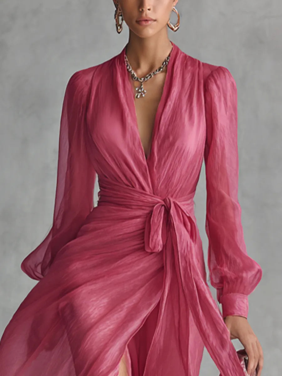 Vestido de Invitada de Boda Largo Rosa Elegante con Manga Larga