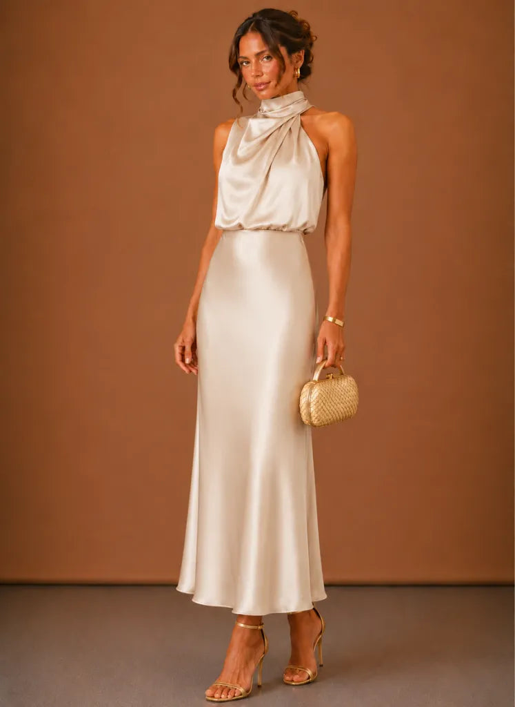 Vestido de Invitada de Boda Largo Sofisticado Elegante con Cuello Halter
