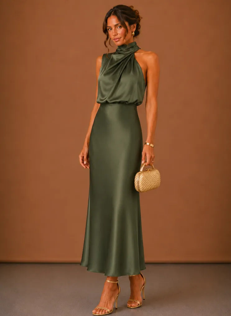 Vestido de Invitada de Boda Largo Sofisticado Elegante con Cuello Halter