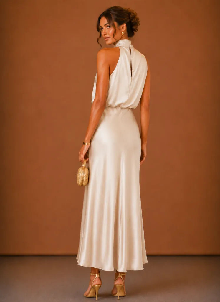 Vestido de Invitada de Boda Largo Sofisticado Elegante con Cuello Halter