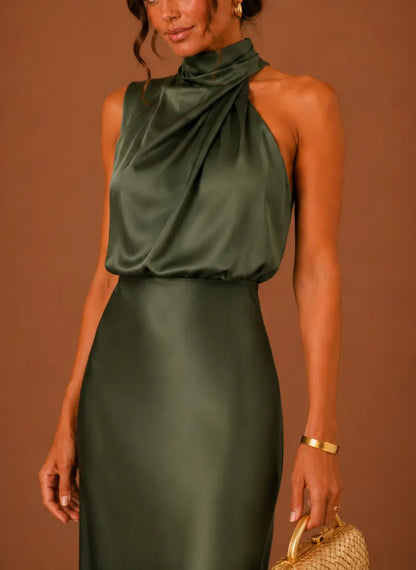 Vestido de Invitada de Boda Largo Sofisticado Elegante con Cuello Halter