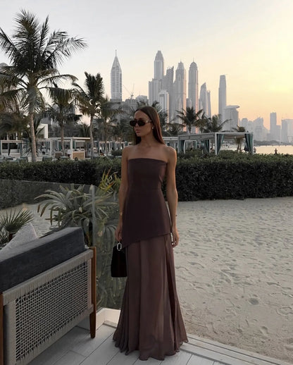 Vestido de Invitada de Boda Largo Sofisticado Elegante con Palabra de Honor