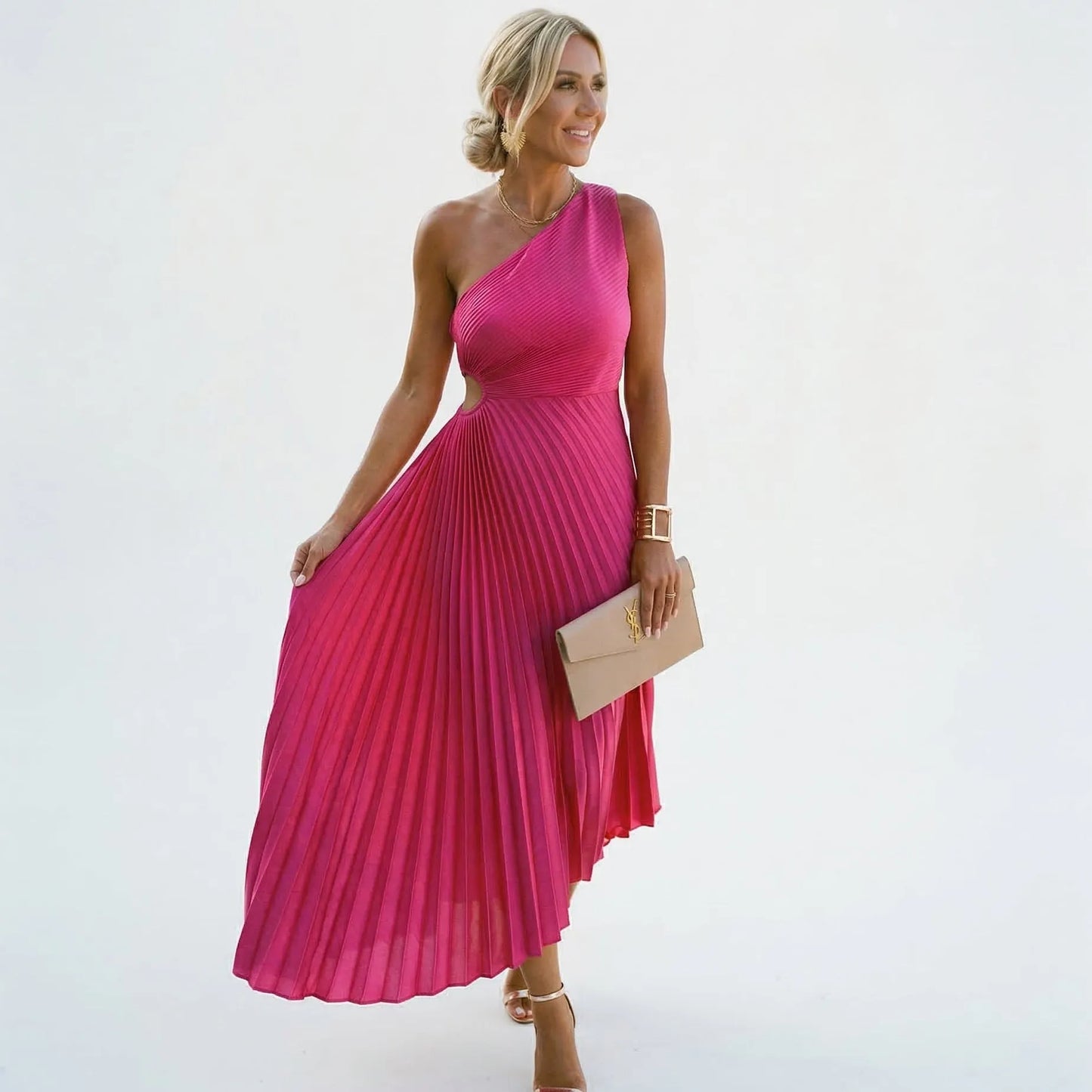 Vestido de Invitada de Boda Largo Un Hombro Plisado con Cut Out