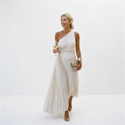Vestido de Invitada de Boda Largo Un Hombro Plisado con Cut Out