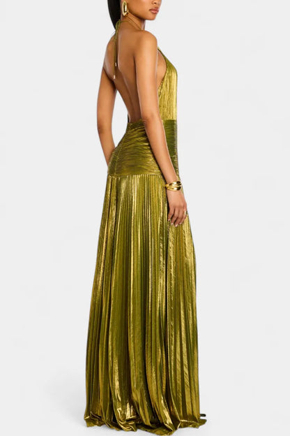 Vestido de Invitada de Boda Largo Verde Elegante con Cuello Halter