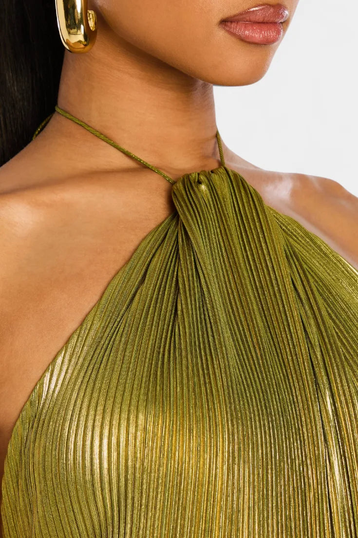 Vestido de Invitada de Boda Largo Verde Elegante con Cuello Halter