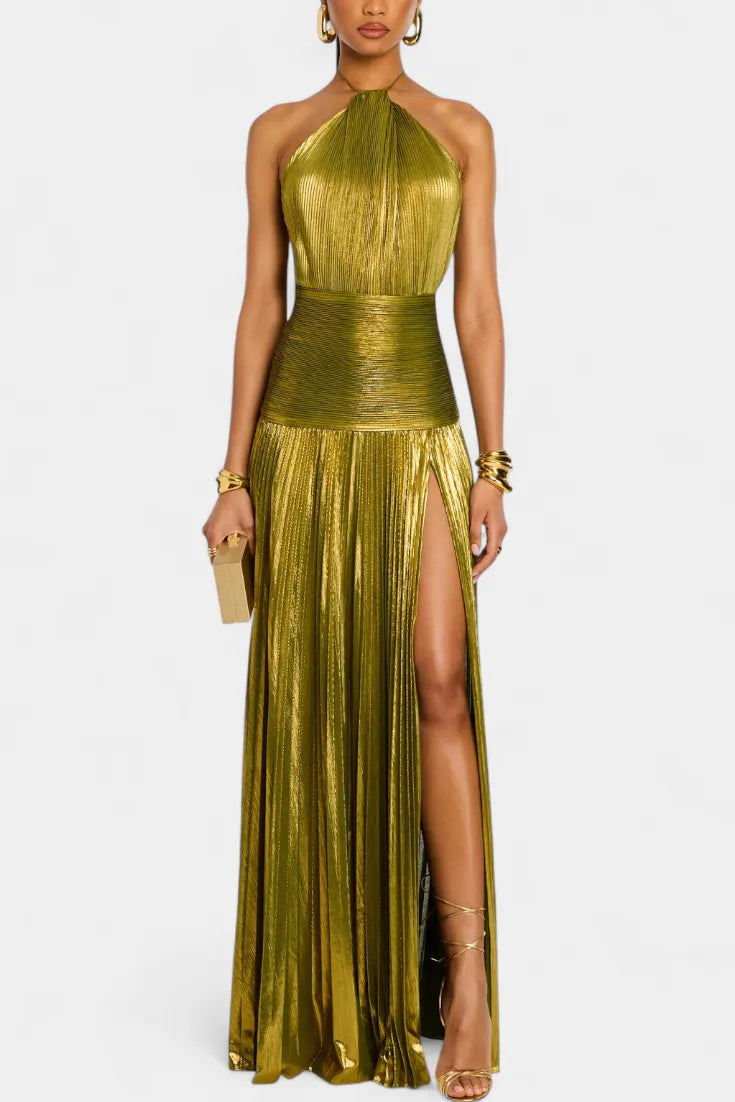 Vestido de Invitada de Boda Largo Verde Elegante con Cuello Halter
