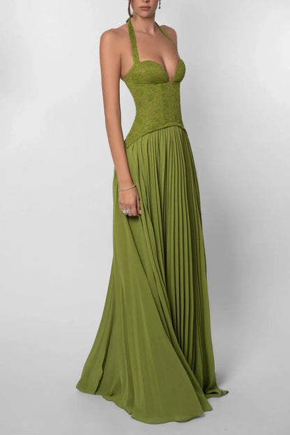 Vestido de Invitada de Boda Largo Verde Elegante con Diseño Plisado