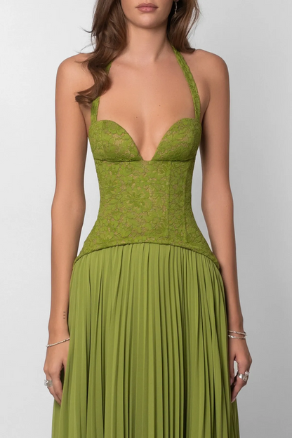 Vestido de Invitada de Boda Largo Verde Elegante con Diseño Plisado