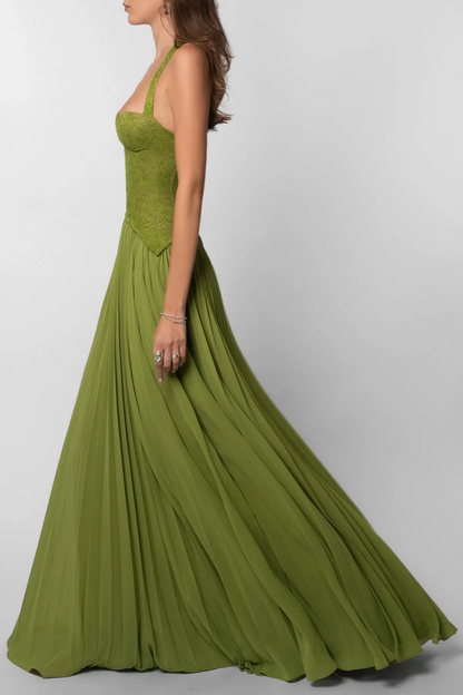 Vestido de Invitada de Boda Largo Verde Elegante con Diseño Plisado