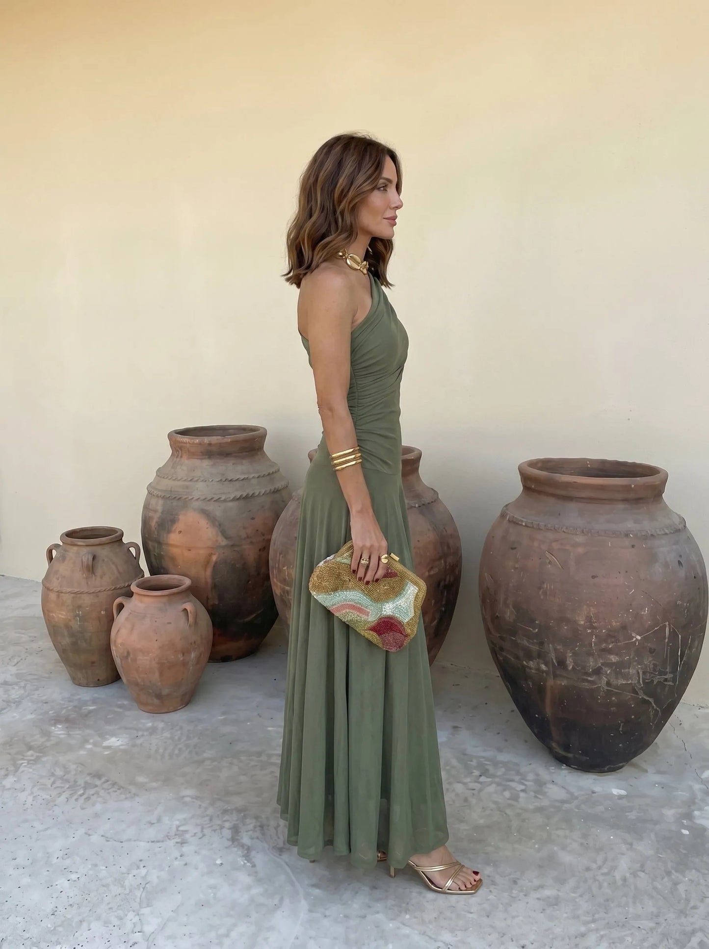 Vestido de Invitada de Boda Largo Verde Elegante con Drapeado