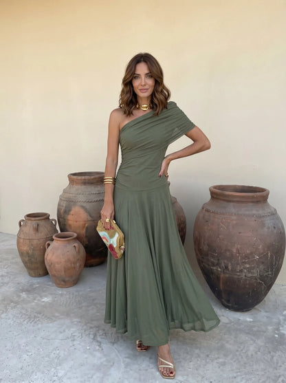Vestido de Invitada de Boda Largo Verde Elegante con Drapeado