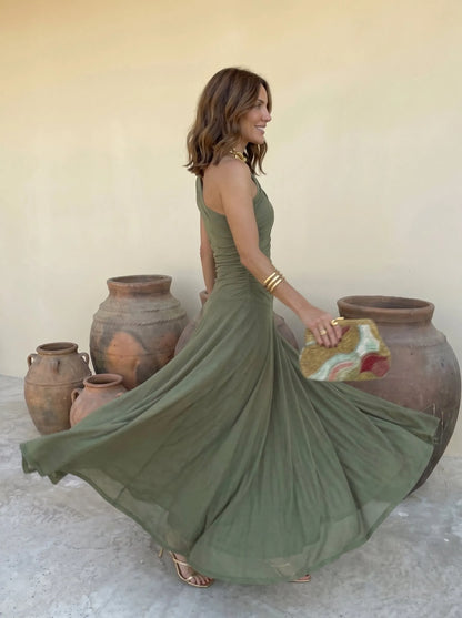 Vestido de Invitada de Boda Largo Verde Elegante con Drapeado