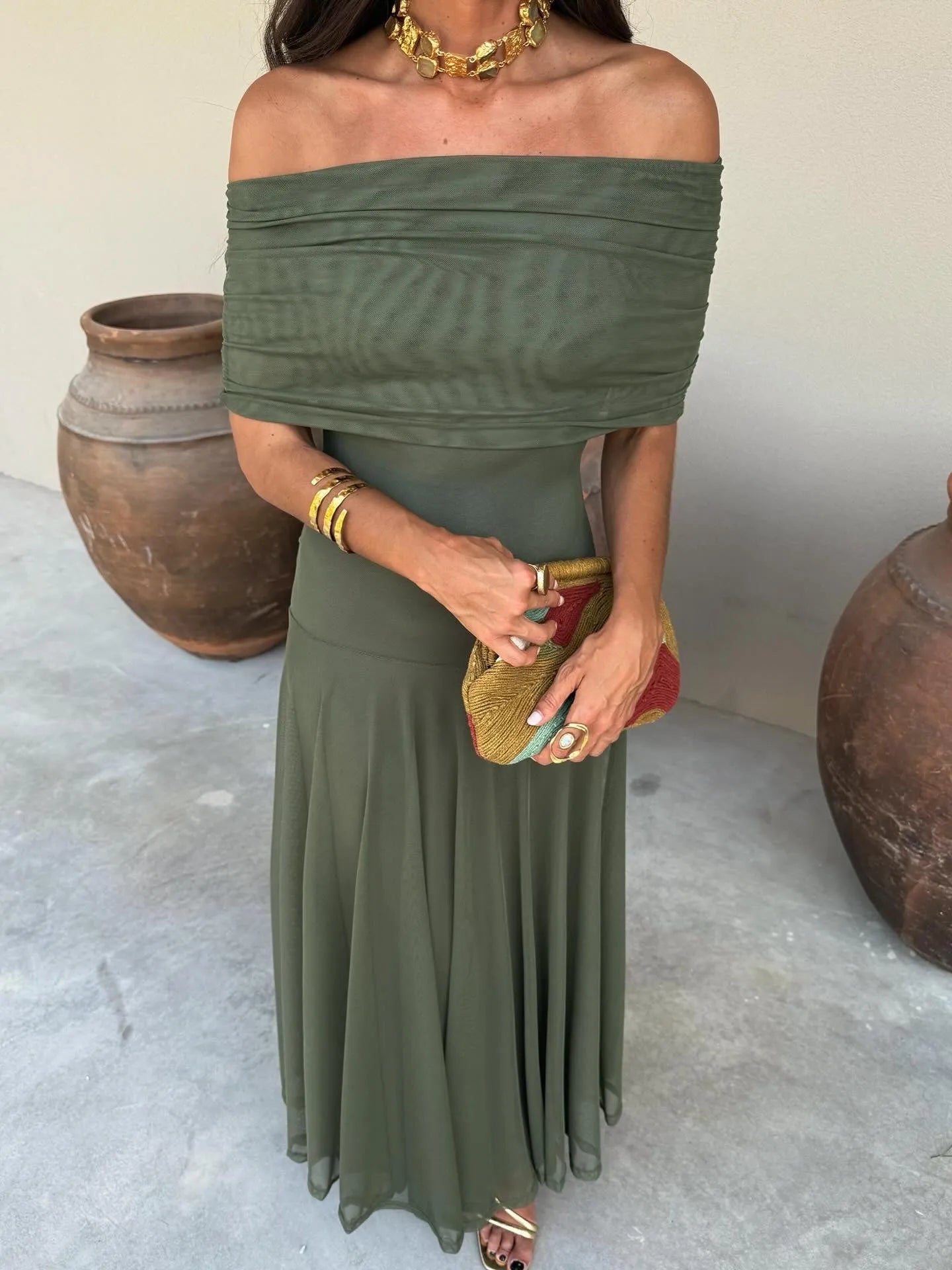 Vestido de Invitada de Boda Largo Verde Elegante con Drapeado