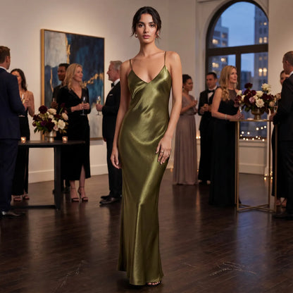 Vestido de Invitada de Boda Largo Verde Elegante con Espalda Descubierta