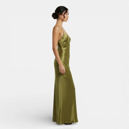 Vestido de Invitada de Boda Largo Verde Elegante con Espalda Descubierta